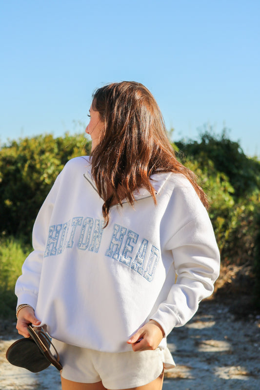 Hilton Head Floral Quarter Zip White With Blue Lettering