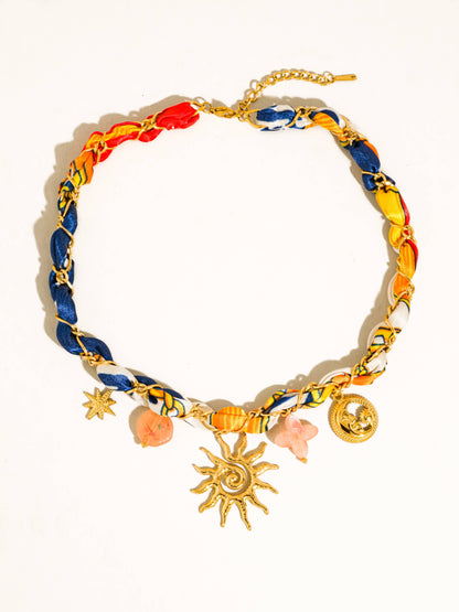 Sedona 18K Gold Non-Tarnish Sun Charm Braided Necklace: Red
