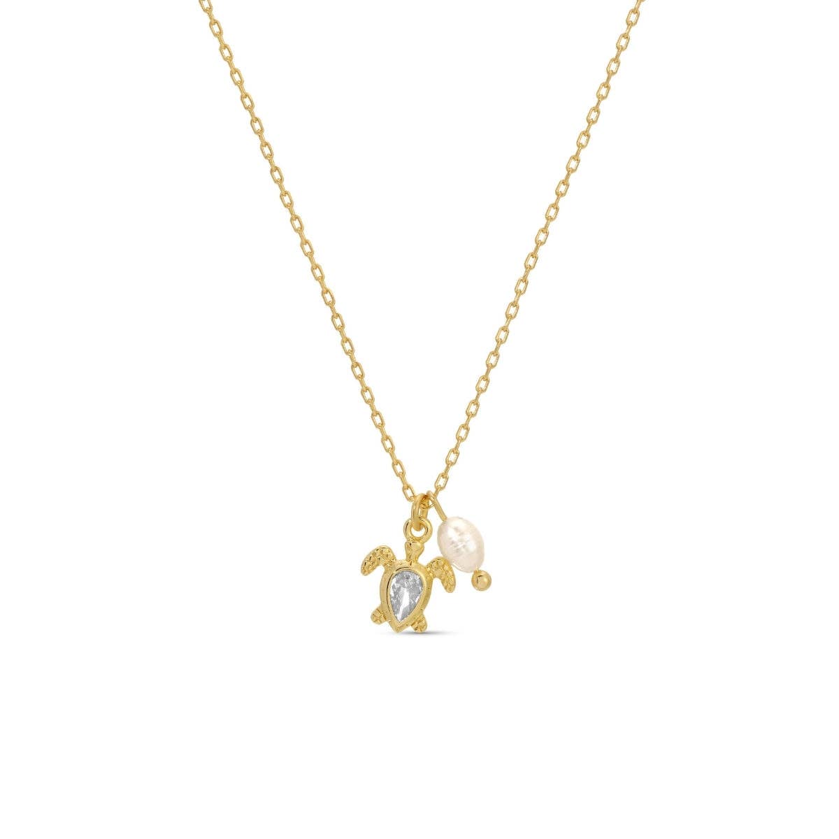 Sea Turtle Pendant Necklace with Freshwater Pearl: Gold