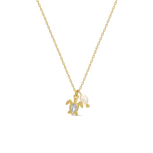 Sea Turtle Pendant Necklace with Freshwater Pearl: Gold
