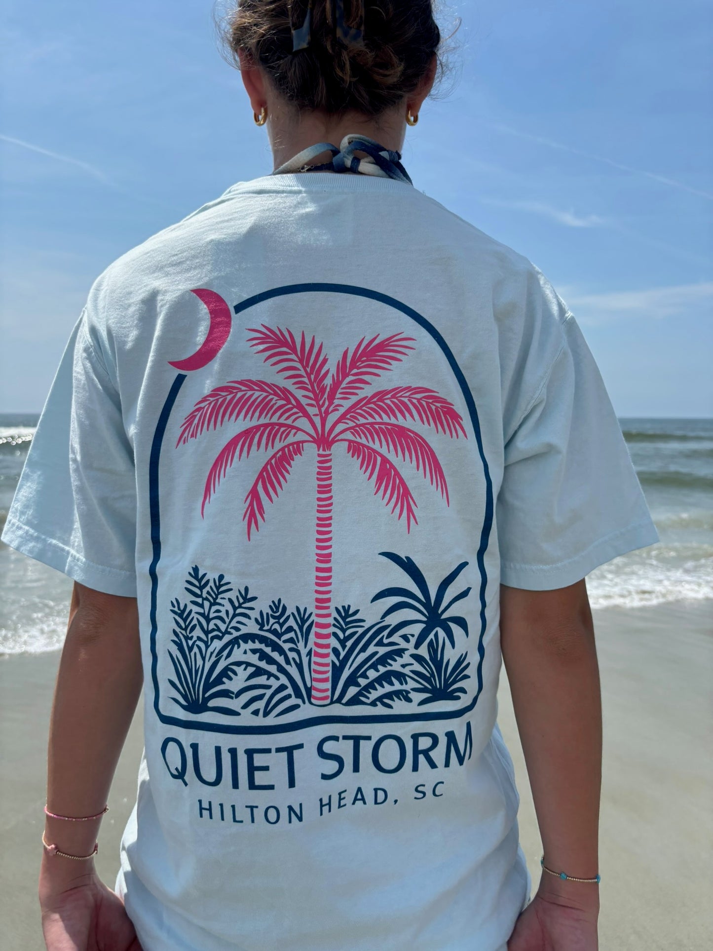Woodcut Palm and Moon T-Shirt Light Blue