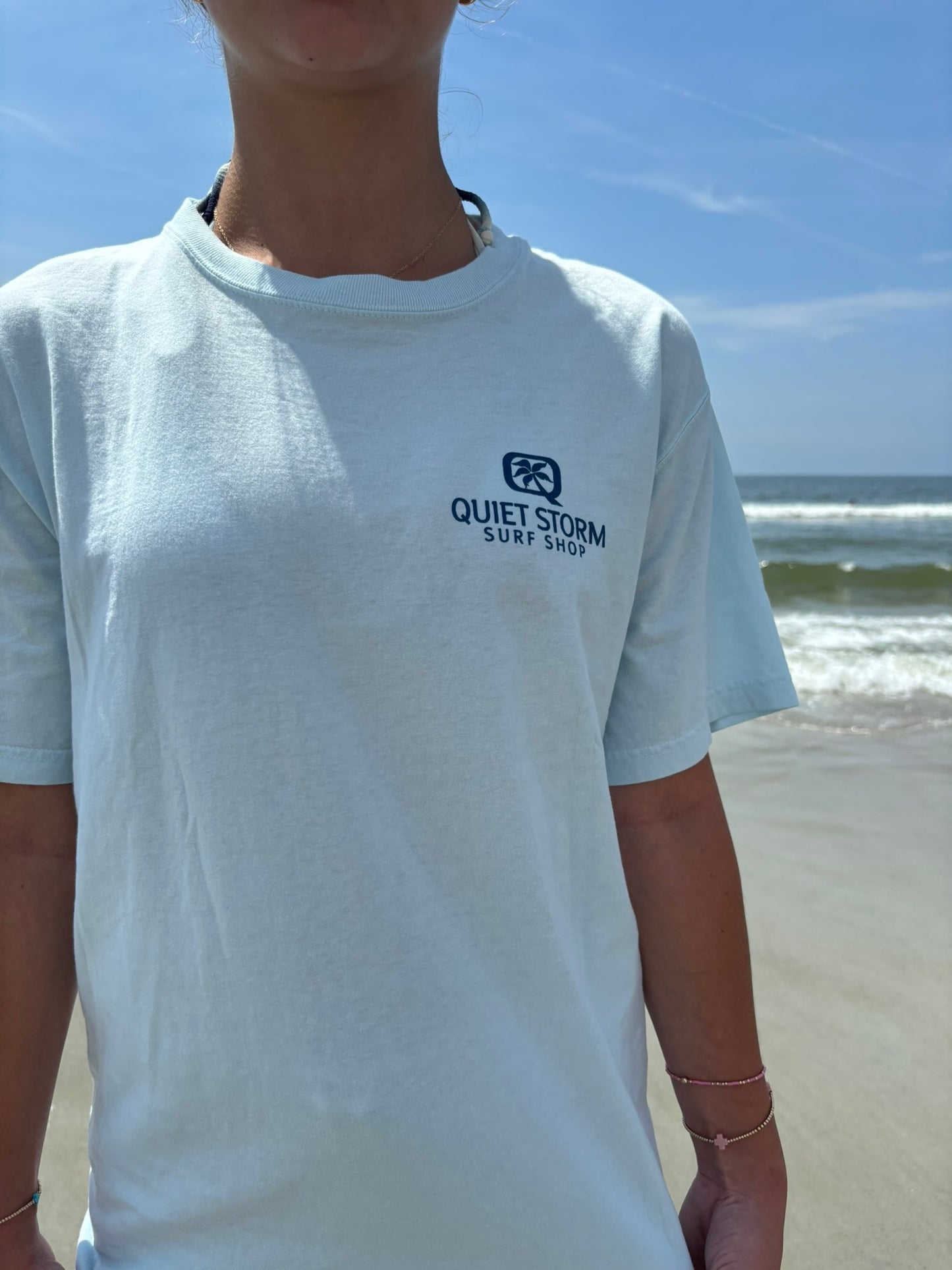 Woodcut Palm and Moon T-Shirt Light Blue