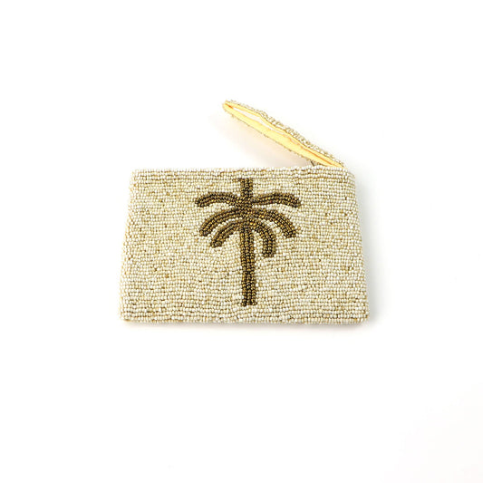 Small Palm Tree Beaded Pouch: Beige