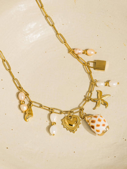 Ophélie 18K Gold Non-Tarnish Shell and Pearl Charm Necklace: Yellow Gold