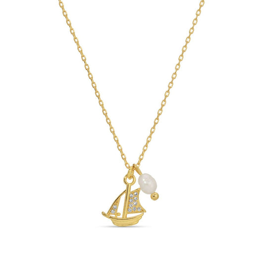 Pavé Sailboat Pendant Necklace with Freshwater Pearl: Gold